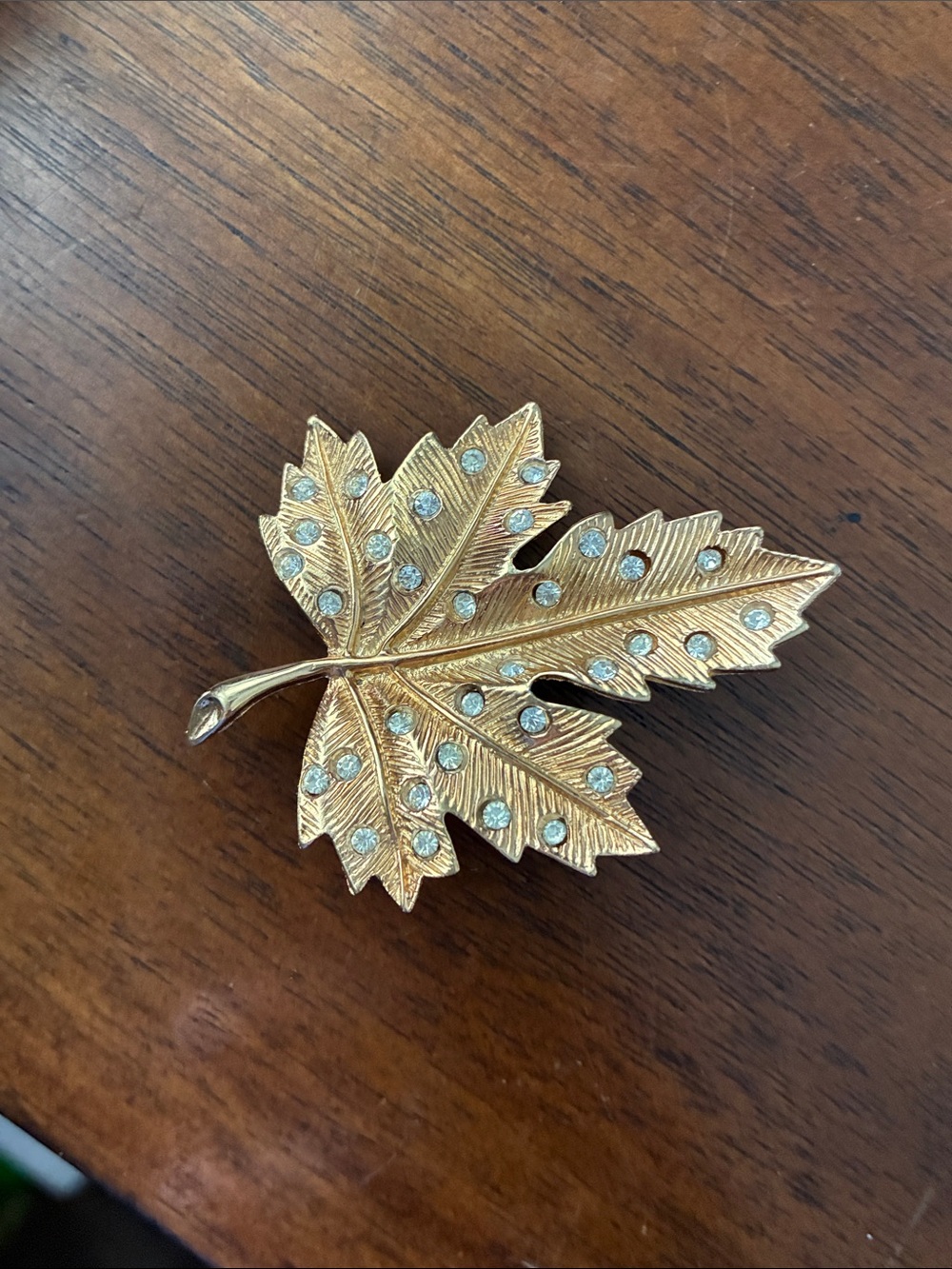 Gold Leaf Brooch with Rhinestone Accents